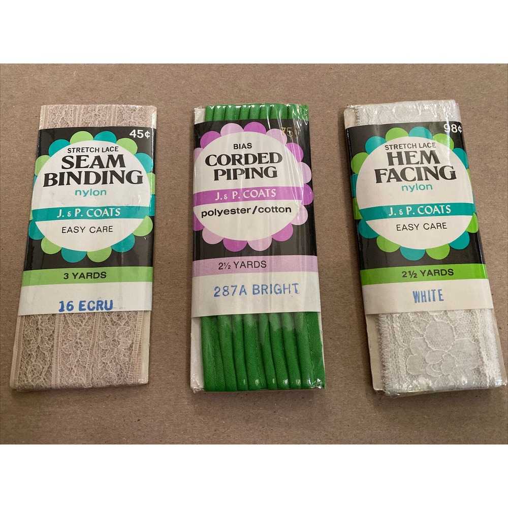 3 - NEW Vintage (?) JP Coats Seam Binding, Hem Facing, Corded Piping. Free Ship